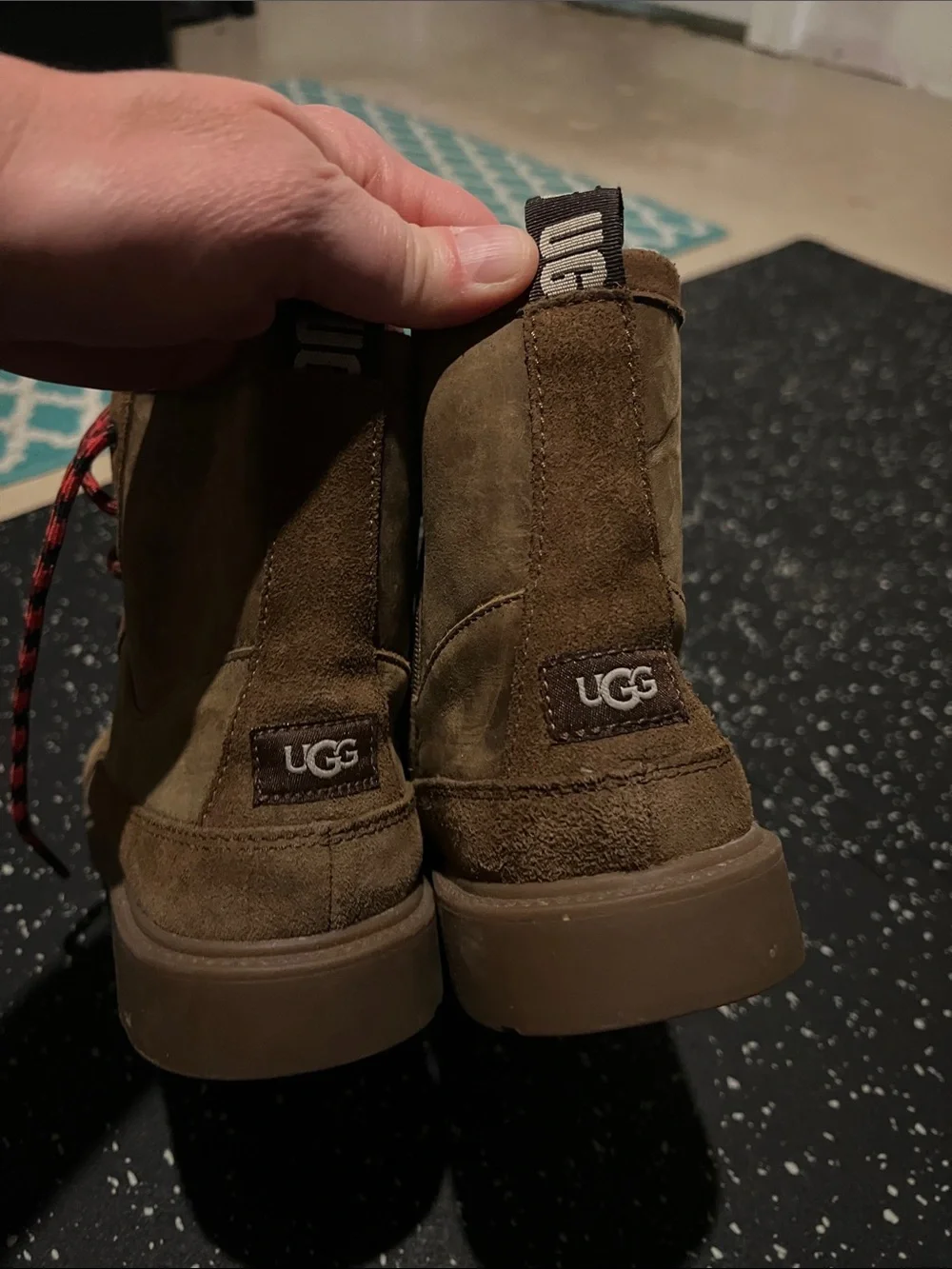 UGG Kids Brown Suede Lace-Up Boots with Red-Black Laces